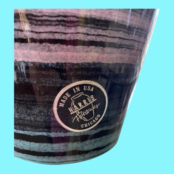 Harris Pottery Chicago Tall Drip Sponge Splatter Pink, Blue  VTG Harris Pottery Vase Black Purple Blue Green Stripes Harris Potteries Chicago